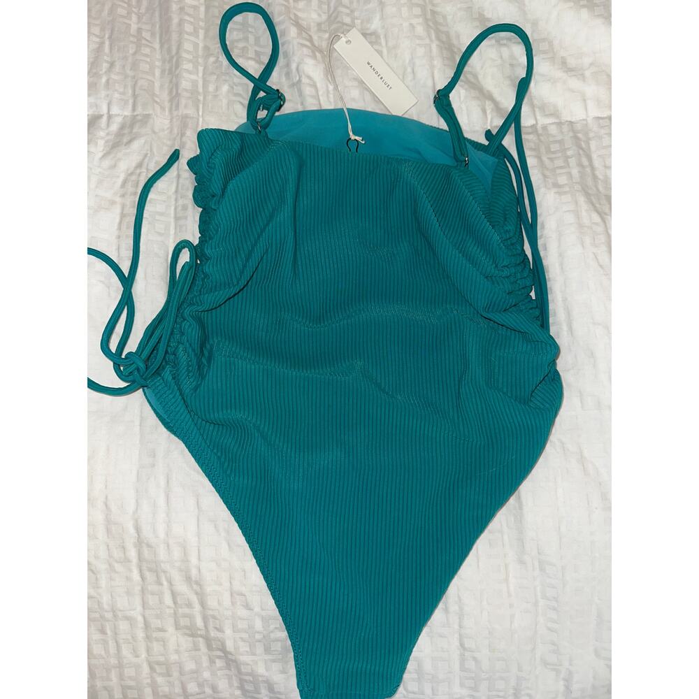 Wanderlust Swim Size Medium Teal One Peice Adjustable Rushing at Sides